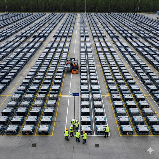 Aerial view of an Exchange Delivery Point — rows of retired EV battery packs staged for assessment and routing